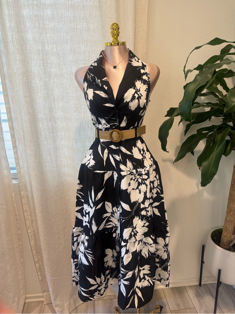 Black & White Floral Halter Midi Dress - Elegant Summer Style